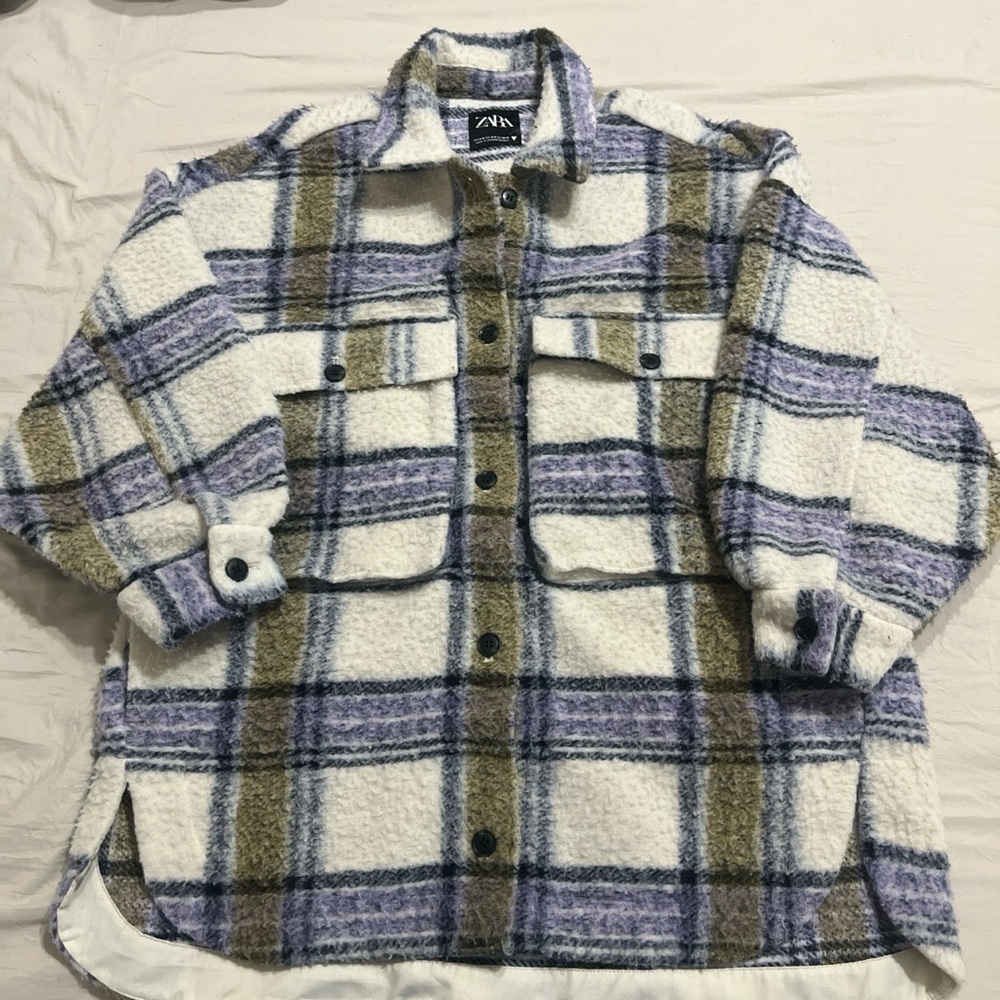 Zara Plaid Sherpa Shirt Shacket Size Small-Medium Wool Blend Chunky Oversized - Picture 2 of 8